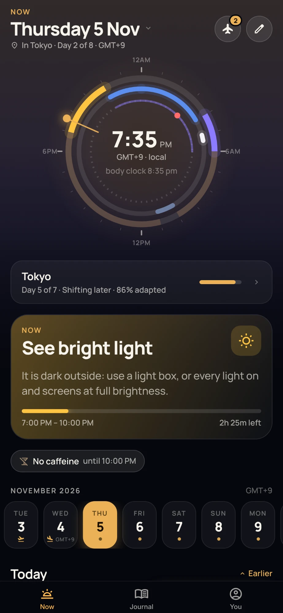 Now tab at 7:35 pm in Tokyo: the dial, 86% adapted, and a See bright light card