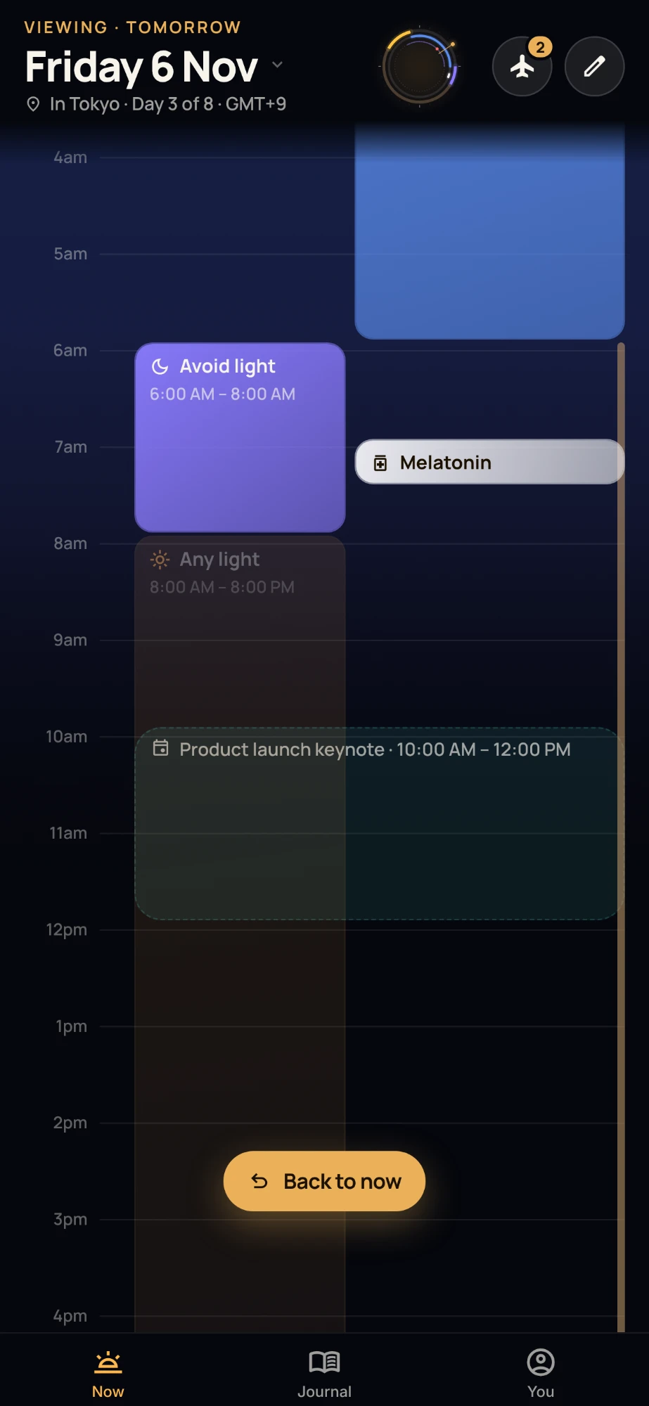 Tomorrow on the timeline: an Avoid light block, a Melatonin pin and a Product launch keynote the plan is built around