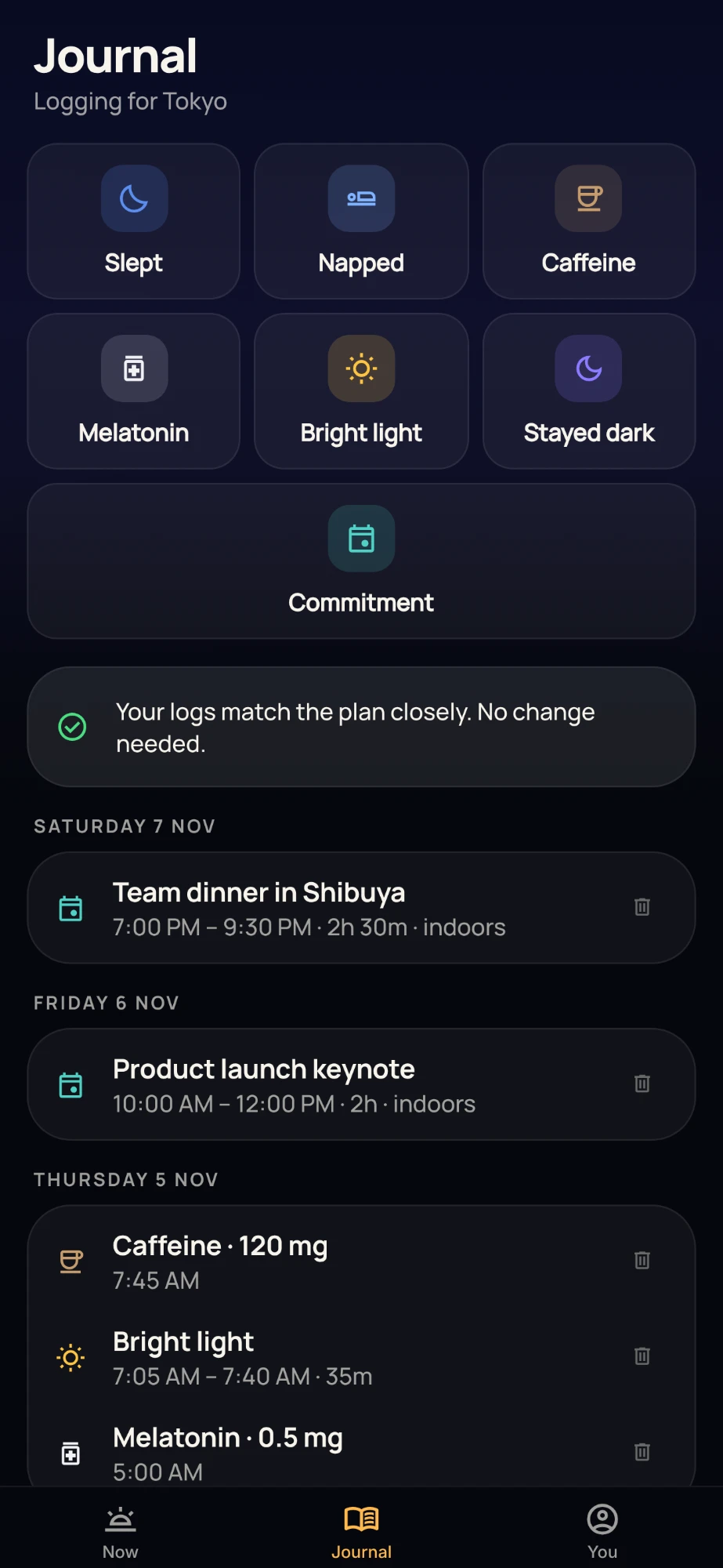 The Journal: buttons to log sleep, naps, caffeine, melatonin, light and commitments, and a list of entries